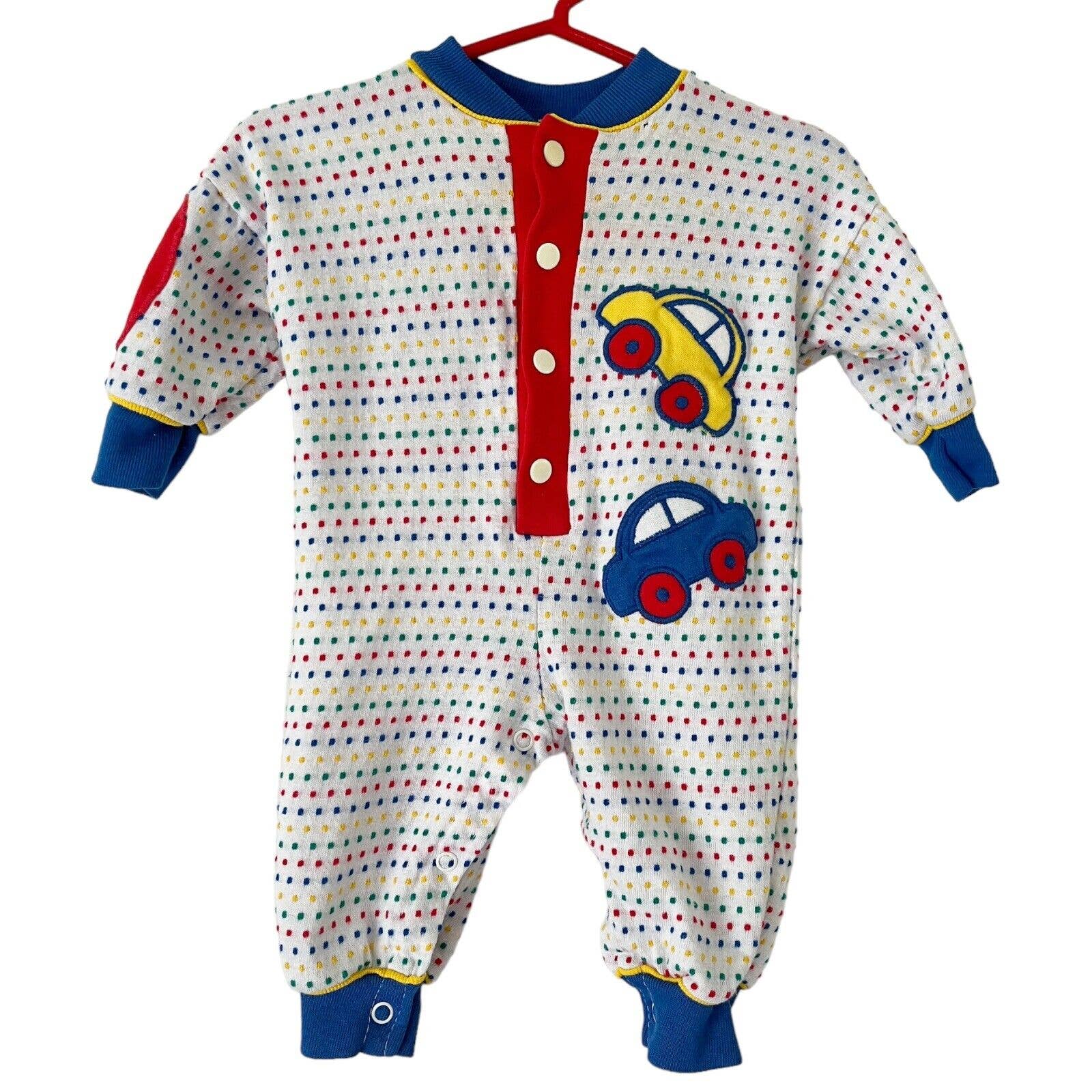 Doe-Spun Vintage Colorful Car Embroidered Knit One Piece Jumpsuit Usa Made 3-6 M